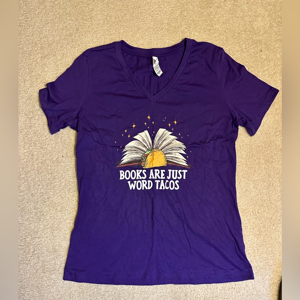 Books are just word tacos v neck t shirt purple new Bella + canvas size small